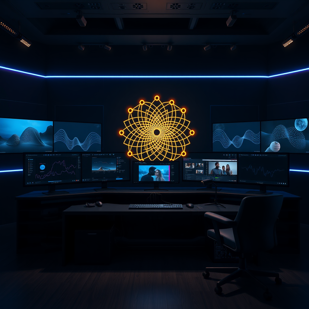 Dark futuristic creative workstation generated for the Signal Loom website