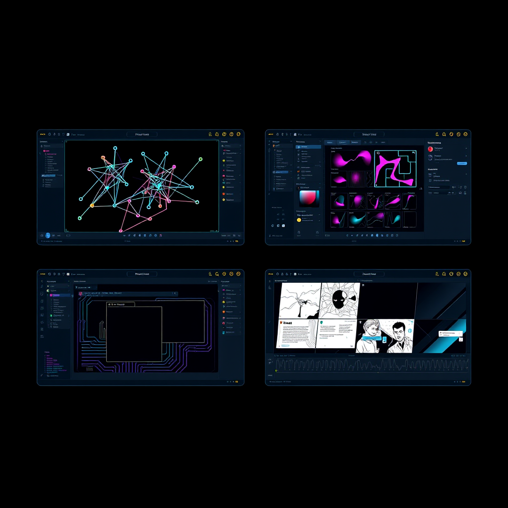 Generated artwork showing four abstract Signal Loom workspace screens