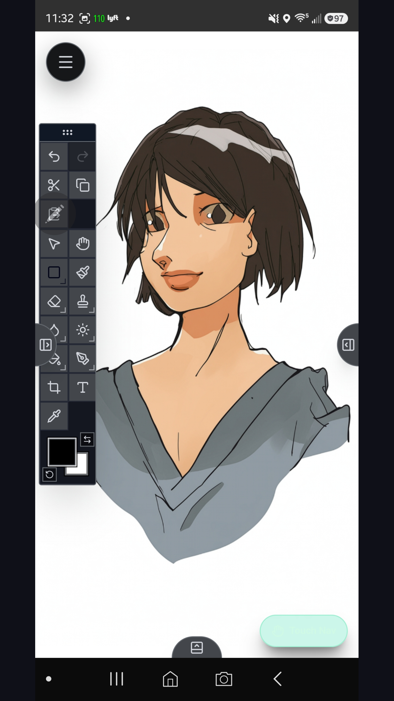 Image workspace showing a portrait painting on Android with floating tool palette