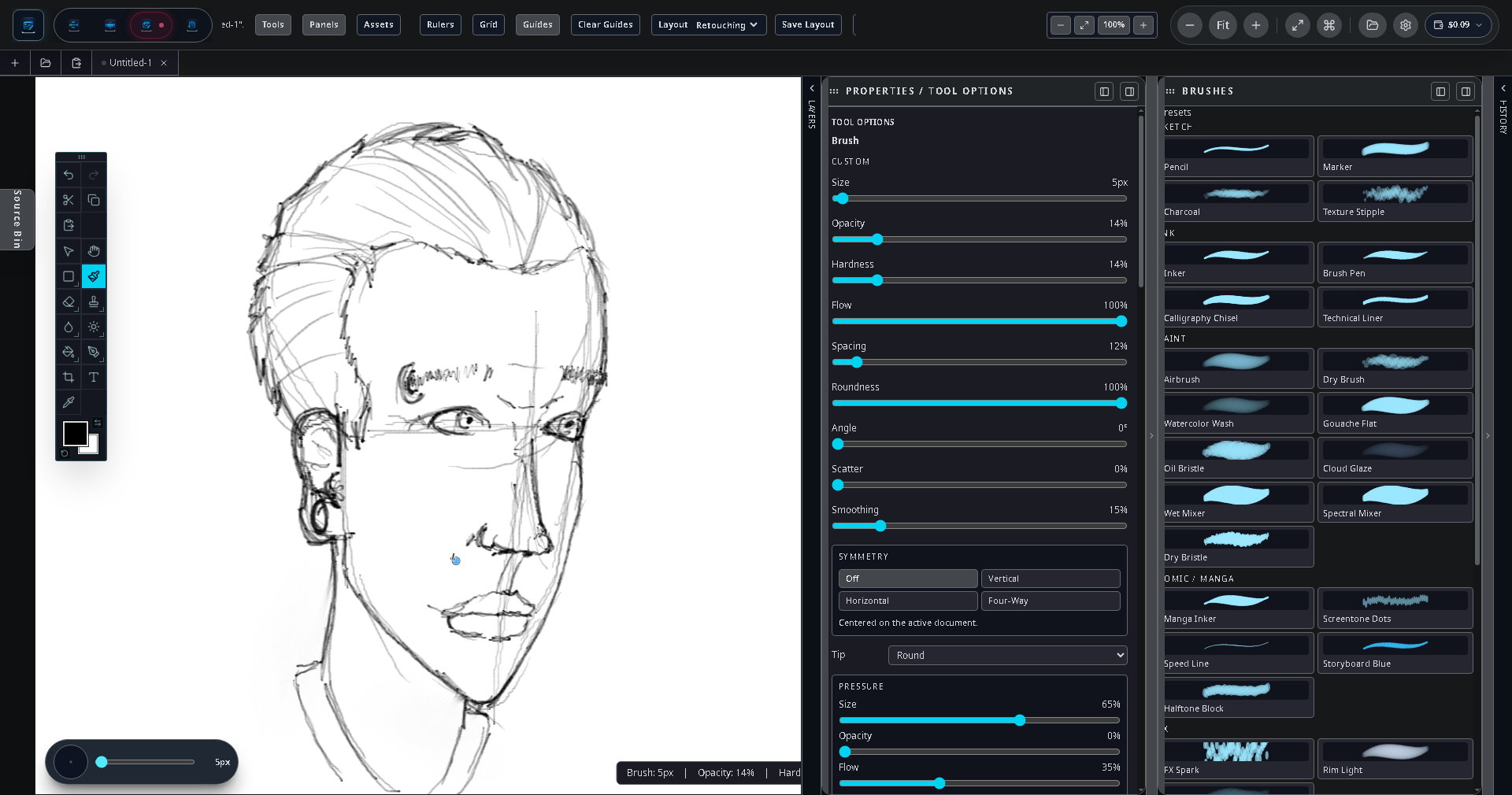 Brush engine panel on desktop showing tilt, pressure, and colour dynamics