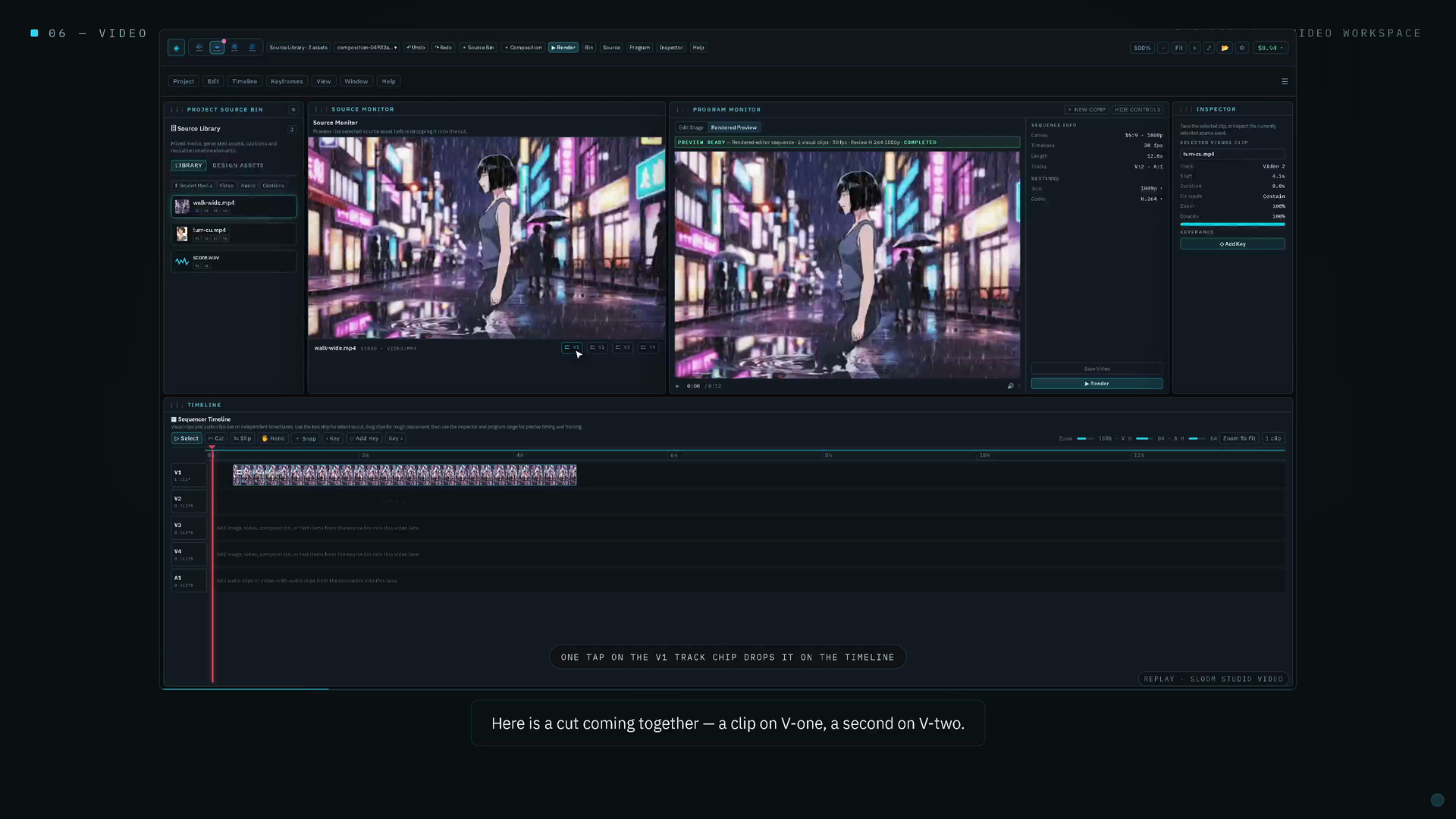 Video workspace: source and program monitors above a multitrack timeline mid-edit.